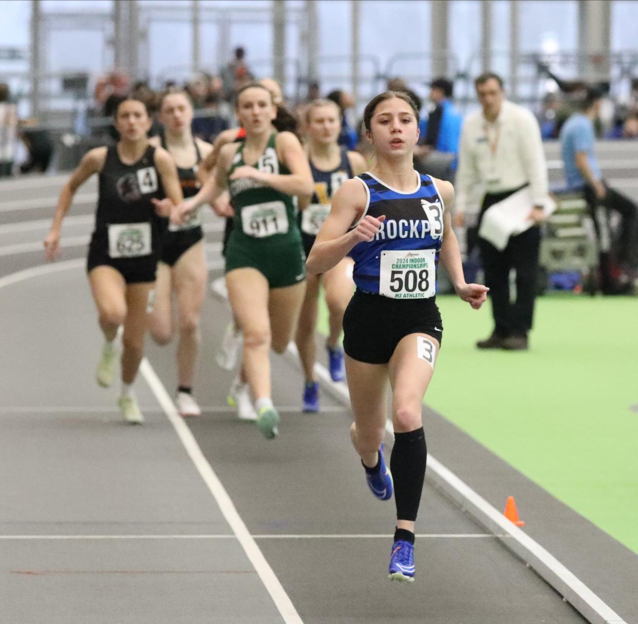 Stella Riley from Brockport competes in the girls 600 meter run at the 2024 New York State Indoor Track and Field Championships at the Ocean Breeze Athletic Complex in Staten Island, March 2, 2024.