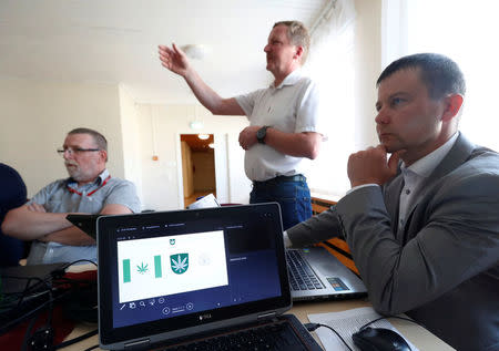 A design for Kanepi municipality's flag and coat of arms featuring a cannabis leaf is seen during the municipality council's vote in Polgaste, Estonia May 15, 2018. Kanep is the Estonian word for cannabis. Picture taken May 15, 2018. REUTERS/Ints Kalnins