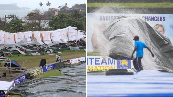 Australia and Sri Lanka's Test match has been delayed after extreme winds and rain lead to the collapse of a temporary grandstand amnd the outfield being completely soaked. Pictures: Getty Images
