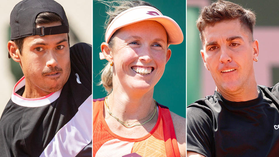 Pictured left to right, Aussie tennis stars Jason Kubler, Storm Hunter and Thanasi Kokkinakis at the French Open. Pic: Getty