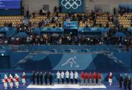 Curling - Pyeongchang 2018 Winter Olympics - Men's Final - Sweden v U.S. - Gangneung Curling Center - Gangneung, South Korea - February 24, 2018 - A general view of the victory ceremony. REUTERS/Cathal Mcnaughton