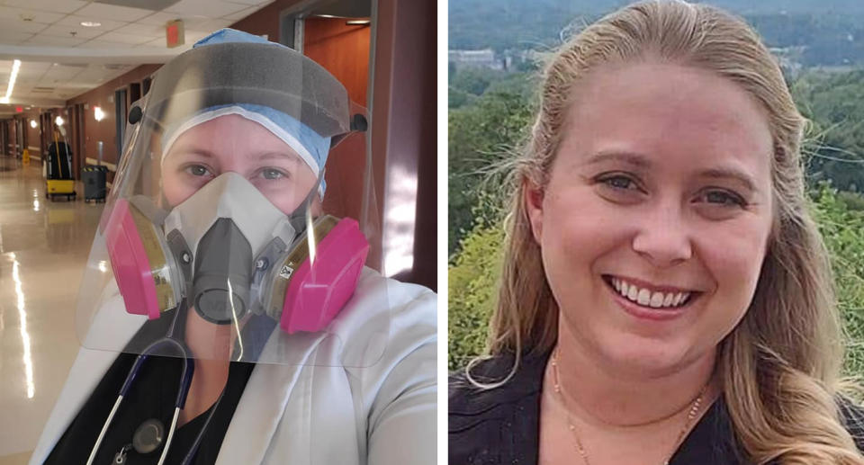 Dr Brytney Cobia pictured, left in PPE at the hospital, and (right) outside. Source: Facebook