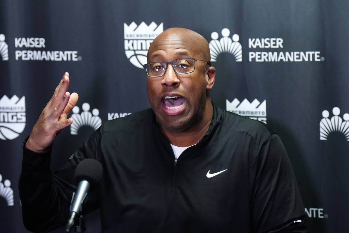 Sacramento Kings coach Mike Brown speaks during a news conference before the game against the Los Angeles Clippers on Tuesday at Crypto.com Arena.