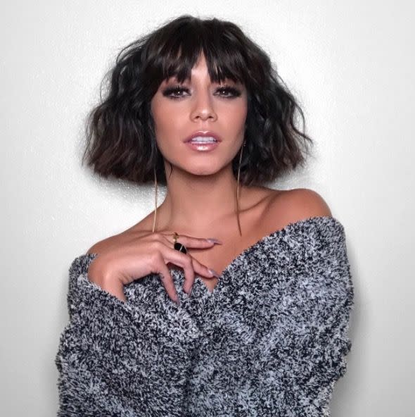 <p>Centre-parted blunt bangs meets a tousled bob = Vanessa Hudgens' best hairstyle yet. </p>