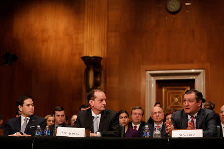 Sen. Ted Cruz (R-TX) introduces Alex Acosta, President Donald Trump's nominee to be Secretary of Labor, during his confirmation hearing before the Senate Health, Education, Labor, and Pensions Committee on Capitol Hill in Washington, D.C., U.S. March 22, 2017. REUTERS/Aaron P. Bernstein