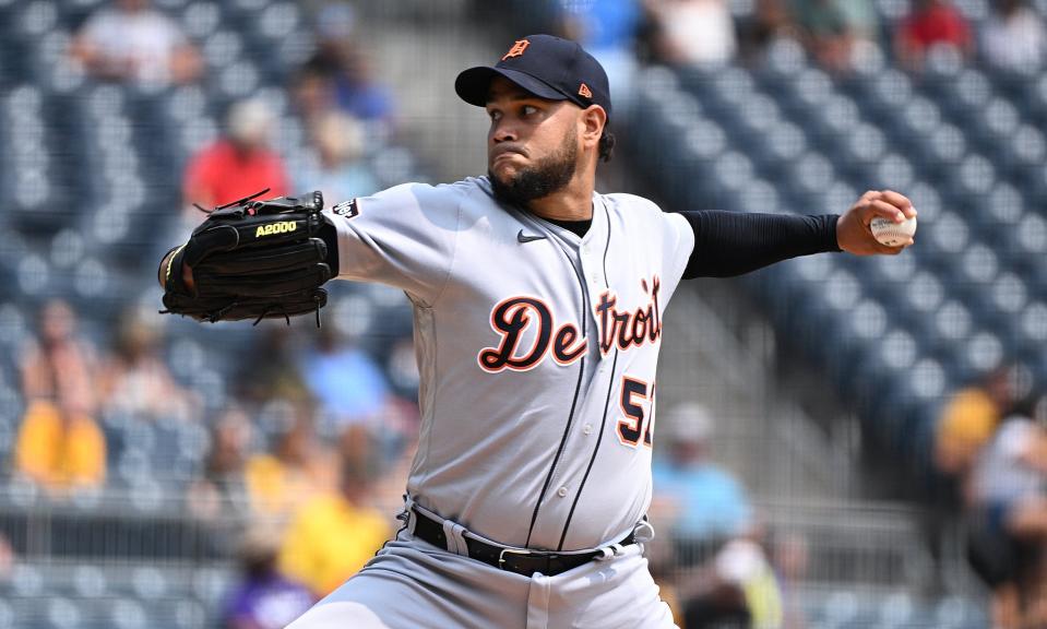 Tigers pitcher Eduardo Rodriguez deliver a pitch in the first inning during the game against the Pirates on Wednesday, Aug. 2, 2023, in Pittsburgh.