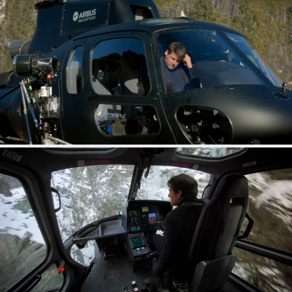 Tom flying a helicopter