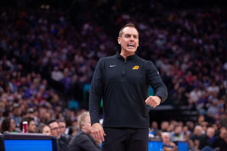 Phoenix Suns head coach Frank Vogel reacts to a call during the second quarter at Golden 1 Center in Sacramento on April 12, 2024.