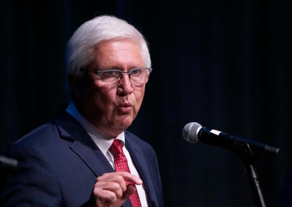 New Hampshire Republican U.S. Senate candidate Chuck Morse speaks during a debate, Wednesday, Sept. 7, 2022, in Henniker, N.H.