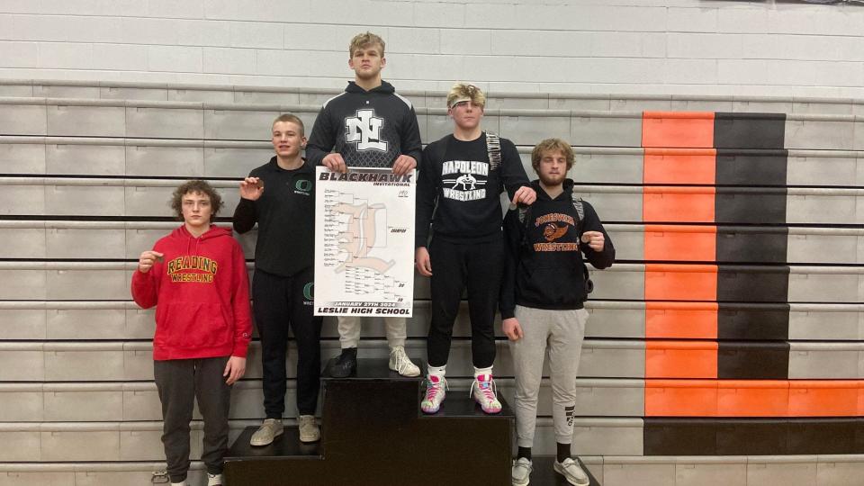 Reading freshman Isaac Westfall (left) and Jonesville senior Isaac Shively (right) earned fifth and fourth place, respectively, in the 190-weight class tournament at Leslie.