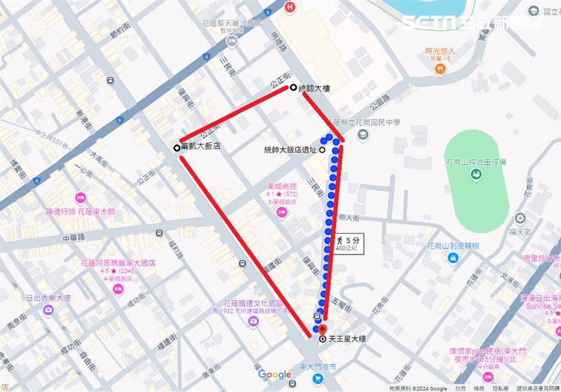 花蓮倒塌的建築物都剛好位在斷層上。（圖／翻攝自Google Map、三立新聞網製圖）