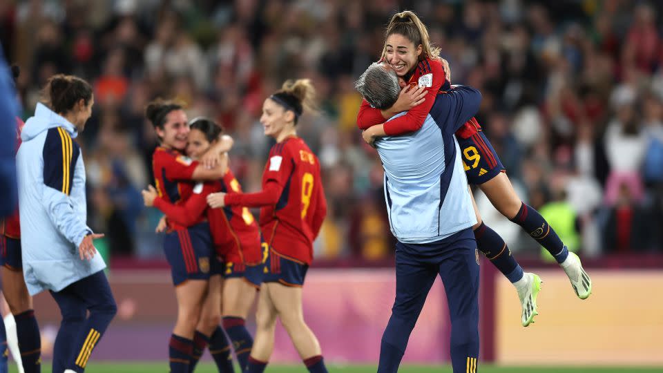 Olga Carmona, who scored the winning goal of the game, celebrates Spain's World Cup success. - Mark Metcalfe/FIFA/Getty Images