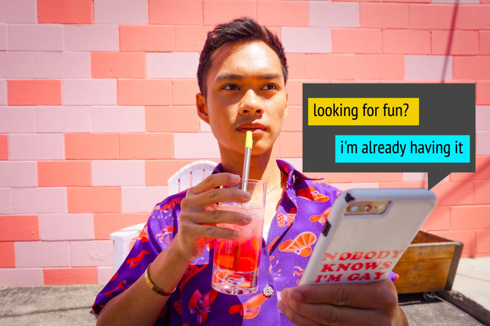 author sitting back with the drink and a text conversation on his phone