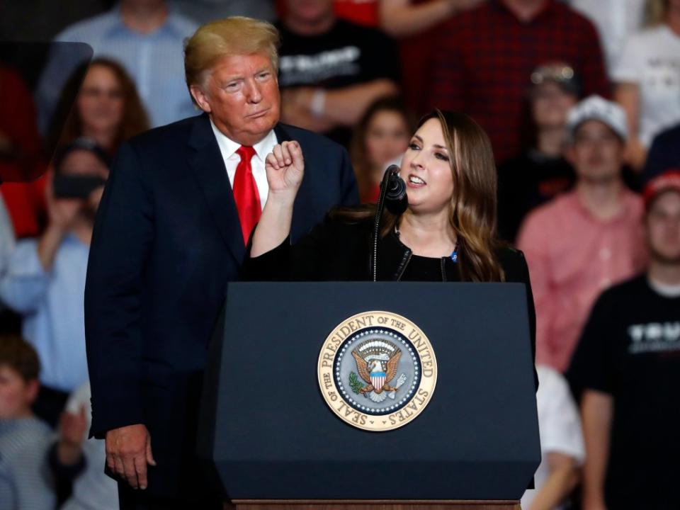 President Donald Trump and Republican National Committee chair Ronna McDaniel attend a campaign rally in Cape Girardeau, Mo., on Nov. 5, 2018. AP