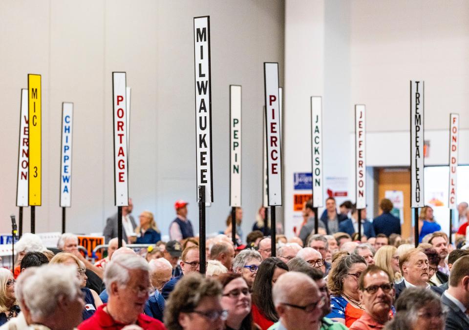 Members of county Republican parties gather for 2024 Republican Party Of Wisconsin State Convention on Saturday May 18, 2024 at the Fox Cities Exhibition Center in Appleton, Wis.