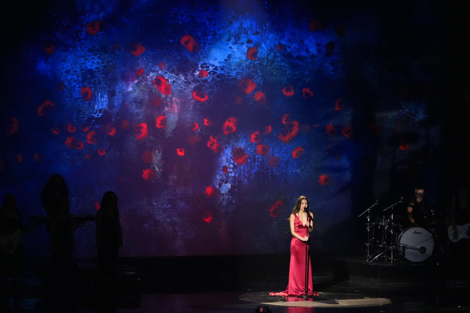 FILE - Olivia Rodrigo performs "Vampire" during the 66th annual Grammy Awards on Sunday, Feb. 4, 2024, in Los Angeles. (AP Photo/Chris Pizzello, File)