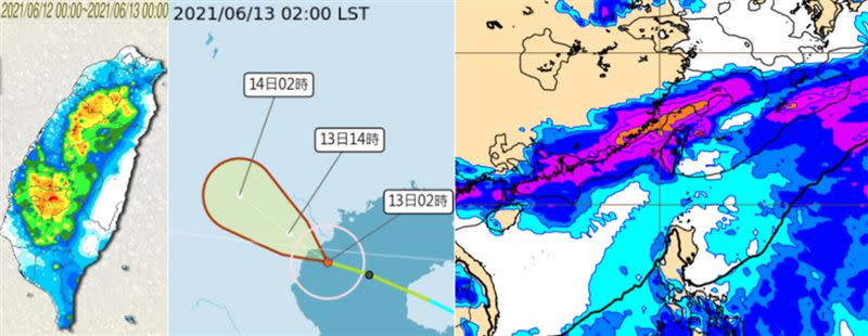昨(12)日午後「強對流」發展，範圍稍擴大(左圖)。中央氣象局最新(13日2時)「路徑潛勢預測圖」顯示，第4號颱風「小熊」，上午將登陸越南北部(中圖)。最新(12日20時)歐洲(ECMWF)模式模擬，下週二(22日)「梅雨滯留鋒」已在台灣上空(右圖)。