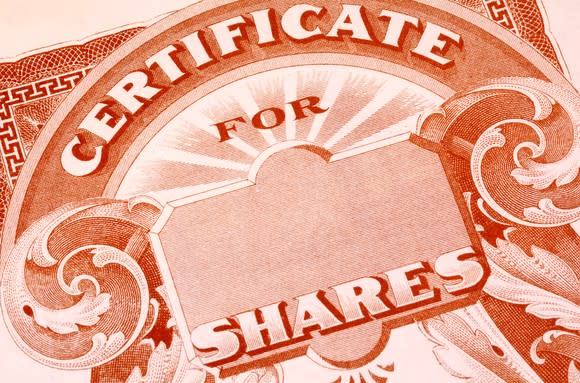 A paper certificate for shares of publicly traded stock.