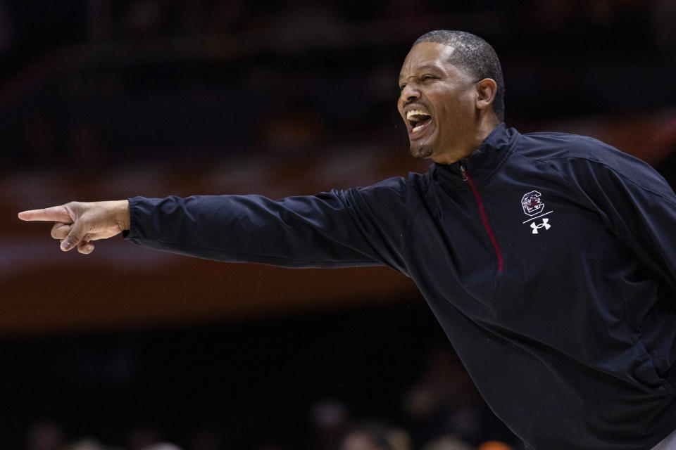 South Carolina head coach Lamont Paris yells to his players during the first half of an NCAA college basketball game against Tennessee, Tuesday, Jan. 30, 2024, in Knoxville, Tenn. (AP Photo/Wade Payne)