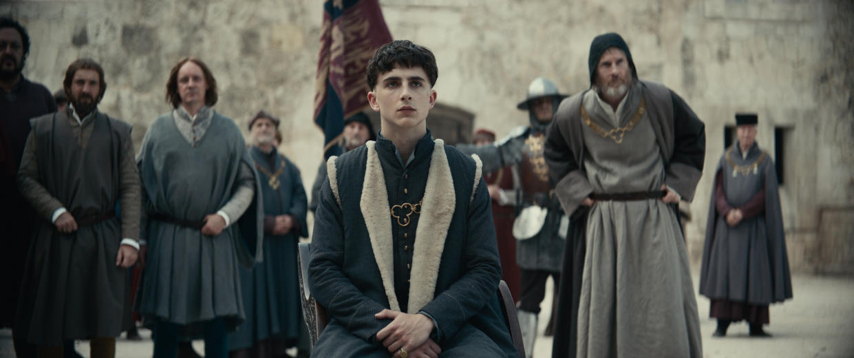 A photo of Timotheé Chalamet in costume in a scene from The King.