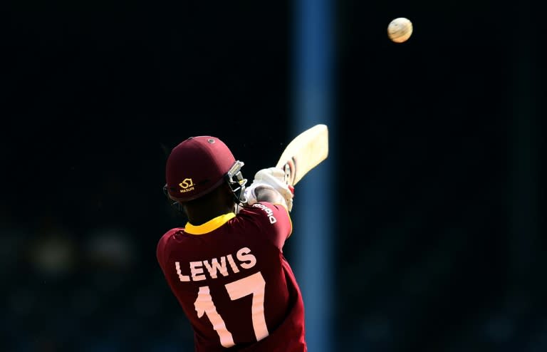 West Indies' Evin Lewis plays a shot during the third of four-T20I-match between West Indies and Pakistan at the Queen’s Park Oval in Port of Spain, Trinidad, on April 1, 2017