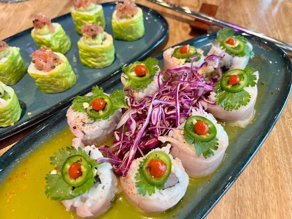 The “Frida roll” with yellowail, serrano and sriracha at Quince in Fort Worth March 27, 2023.