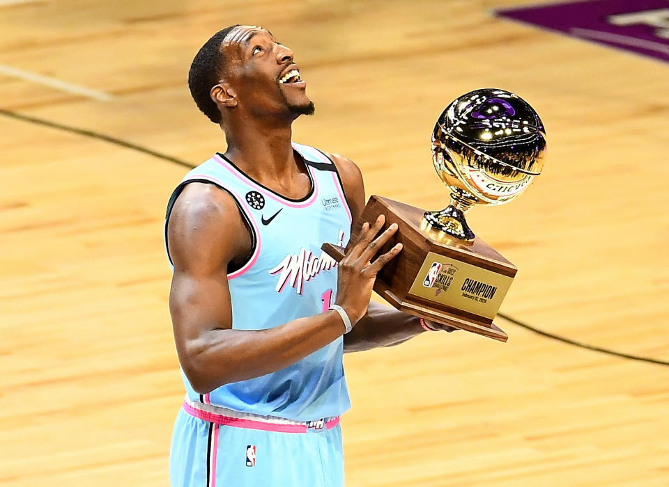 Bam Adebayo of the Miami Heat celebrates with the trophy after winning the 2020 NBA All-Star Skills Challenge at the United Center on Saturday.