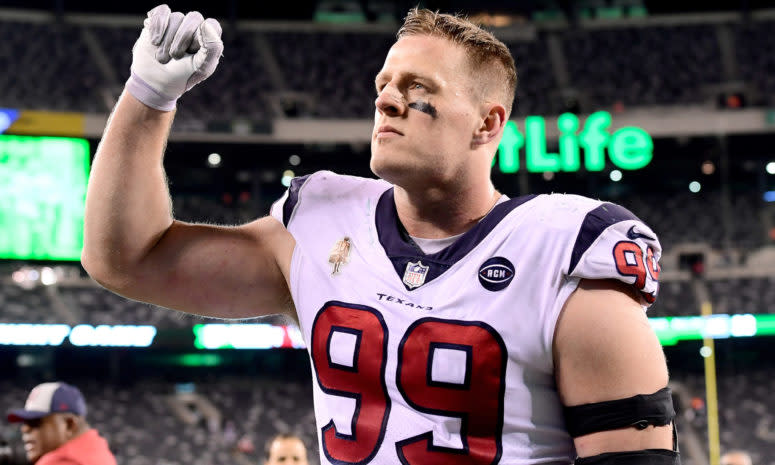 J.J. Watt celebrating a Texans win.