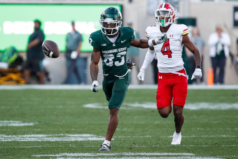 Michigan State wide receiver Montorie Foster Jr. misses a pass against Maryland defensive back Tarheeb Still (4) during the second half of MSU's 31-9 loss on Saturday, Sept. 23, 2023, in East Lansing.