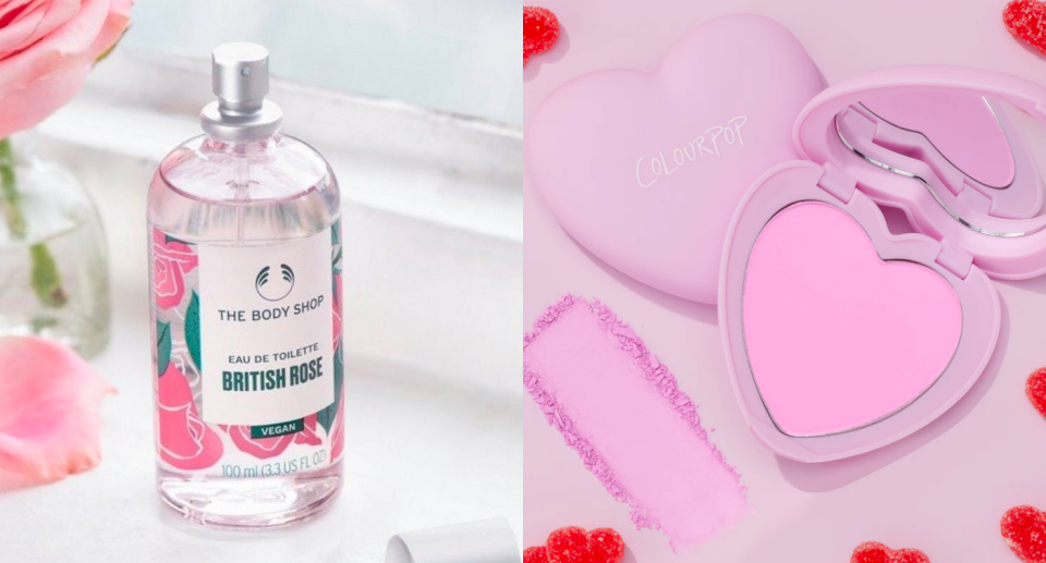 Bottle of body shop British Rose eau de toilette and Colourpop Cosmetics heart shaped blush valentine's day beauty gifts