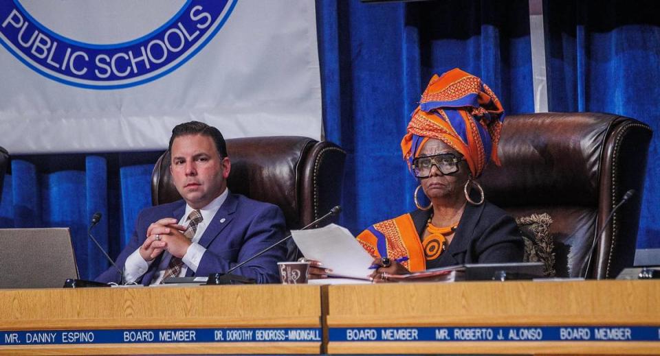 Board members Vice chair Danny Espino (left) and Dorothy Bendross-Mindgall listen as attendees speak during a lengthy meeting at the Miami-Dade County School Board to discuss the recognition of October as Lesbian, Gay, Bisexual, Transgender and Queer History Month in the school district proposed by board member Lucia Baez-Geller, on Wednesday September 06, 2023.