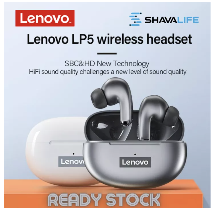 A product image of two Lenovo Wireless Earbuds.