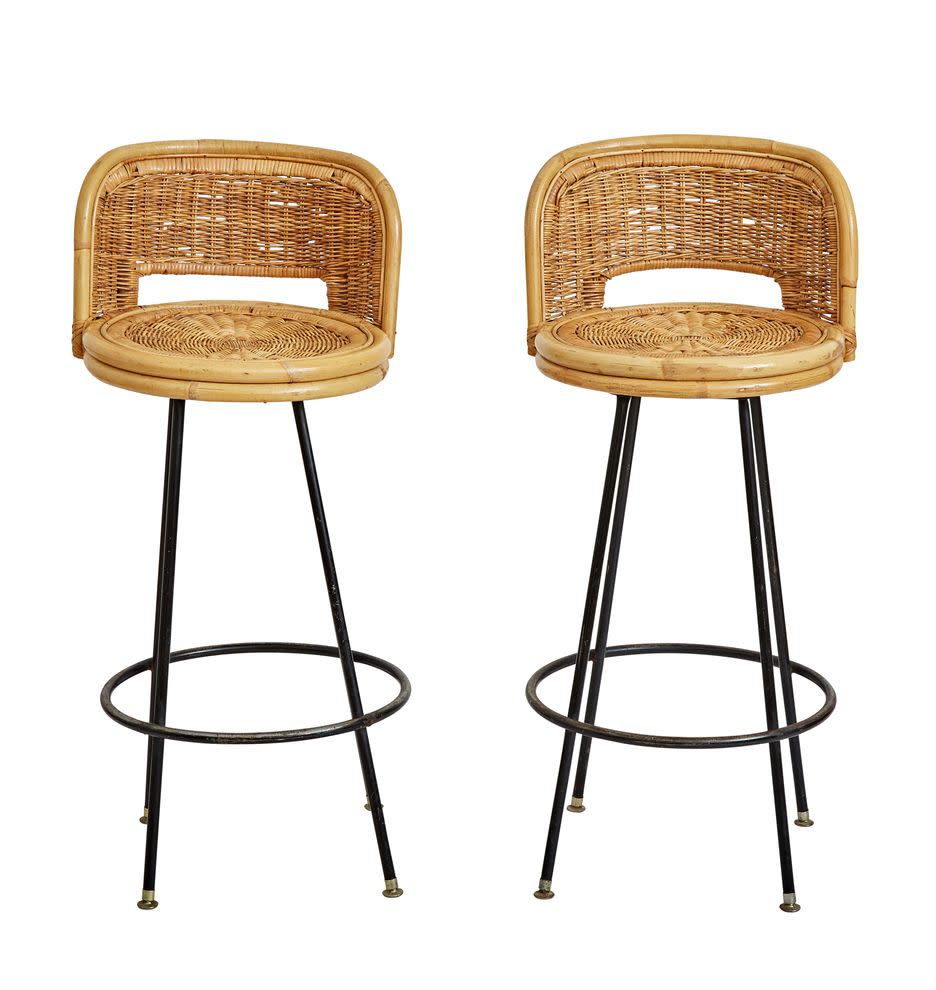 6) Pair Of Rattan And Bamboo Swivel Stools