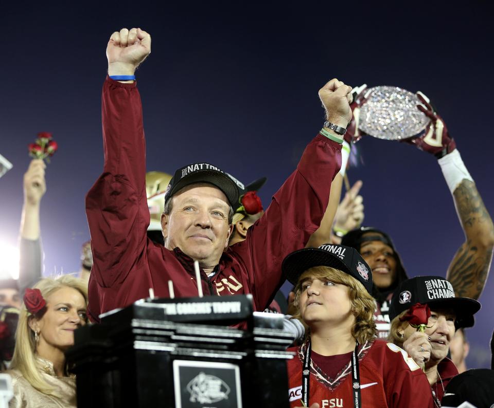 Democrat filesHead Coach Jimbo Fisher, along with his son Trey, celebrate after Florida State defeats Auburn 34-31 to take the BCS National Championship game Jan., 6, 2014. Head coach Jimbo Fisher, along with his son Trey, celebrates winning the national title in Pasadena. Glenn Beil/democrat Head Coach Jimbo Fisher, along with his sone Trey celebrate after Florida State defeats Auburn 34-31 to take the BCS National Championship game on Monday Jan., 6, 2014. The Florida State Seminoles used late game heroics to take down the Auburn Tigers at the Rose Bowl in Pasadena, CA.