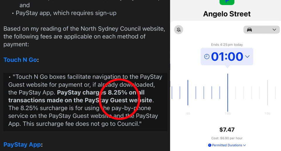 Left: Touch and Go and PayStay surcharge conditions. Right: Parking metre charge. 