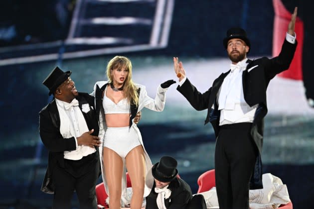 Taylor Swift is joined on stage by Travis Kelce during The Eras Tour at Wembley Stadium on June 23, 2024 in London, England - Credit: Gareth Cattermole/TAS24/Getty Images for TAS Rights Management