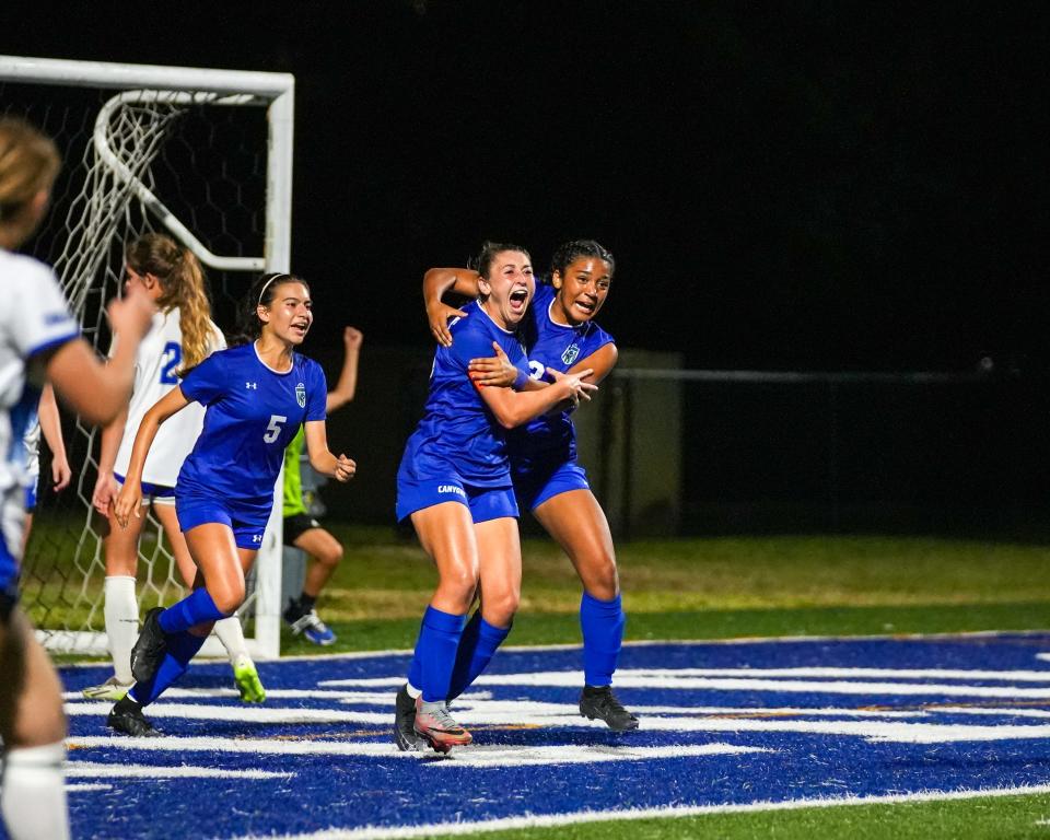 Somerset-Canyons girls soccer players Cameron Kendal Celce (let) and Kiana Sanchez (right) celebrate a goal against Park Vista on Monday, Nov. 6, 2023.