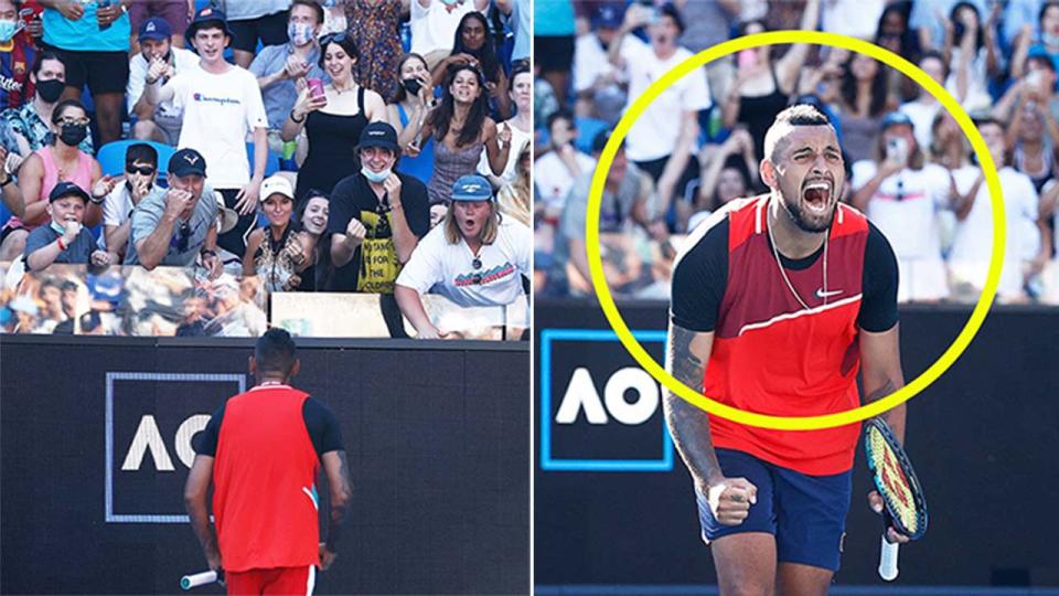 Nick Kyrgios (pictured right) celebrates winning at the Australian Open and (pictured left) fans cheering on Nick Kyrgios.