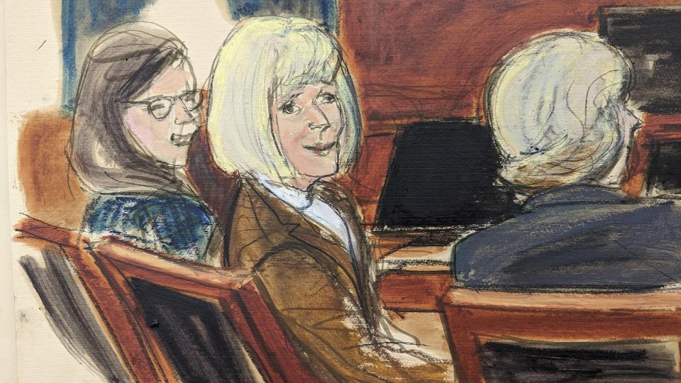 In this courtroom sketch, E. Jean Carroll turns around and smiles at the jury as they are being polled after reading the verdict in Manhattan federal court, Tuesday, May 9, 2023, in New York. (Elizabeth Williams via AP)