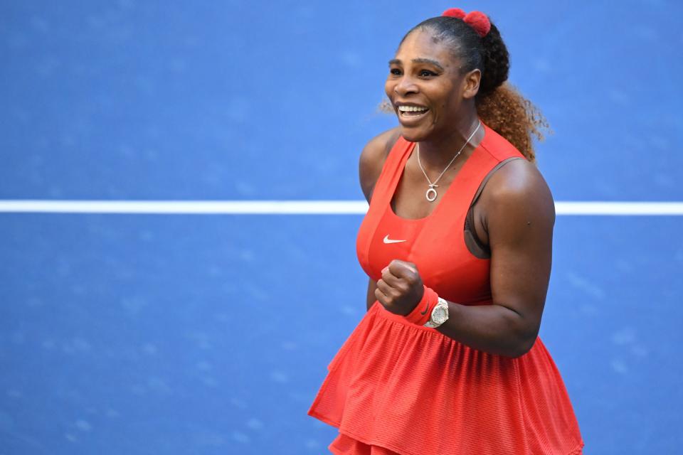 Serena Williams of the United States celebrates after match point against Sloane Stephens of the United States (not pictured) on day six of the 2020 U.S. Open tennis tournament at USTA Billie Jean King National Tennis Center.