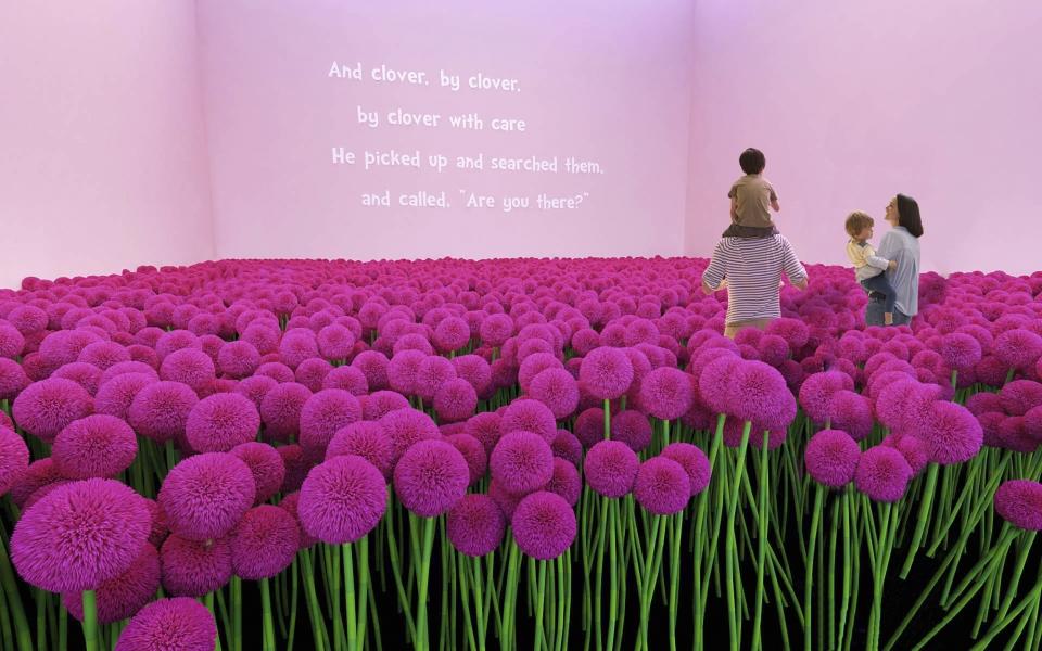 This undated rendering provided by Dr. Seuss Enterprises shows a field of clover, from Seuss' book "Horton Hears a Who," that will be incorporated as part of a touring immersive attraction tied to the work of the famous late author and illustrator of children's books. The exhibit is scheduled debut in Toronto in October 2019, followed by visits to several cities in the United States. (Kilburn Experiences, LLC/Dr. Seuss Enterprises via AP)