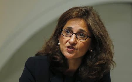 Bank of England Deputy Governor Minouche Shafik speaks during the bank's quarterly inflation report news conference at the Bank of England in London August 13, 2014. REUTERS/Suzanne Plunkett