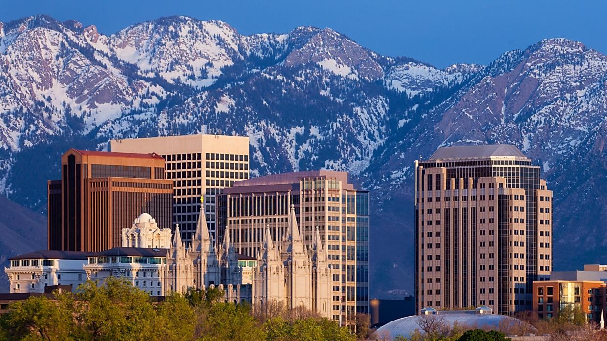 "A panorama of the Salt Lake City skyline at sunset.