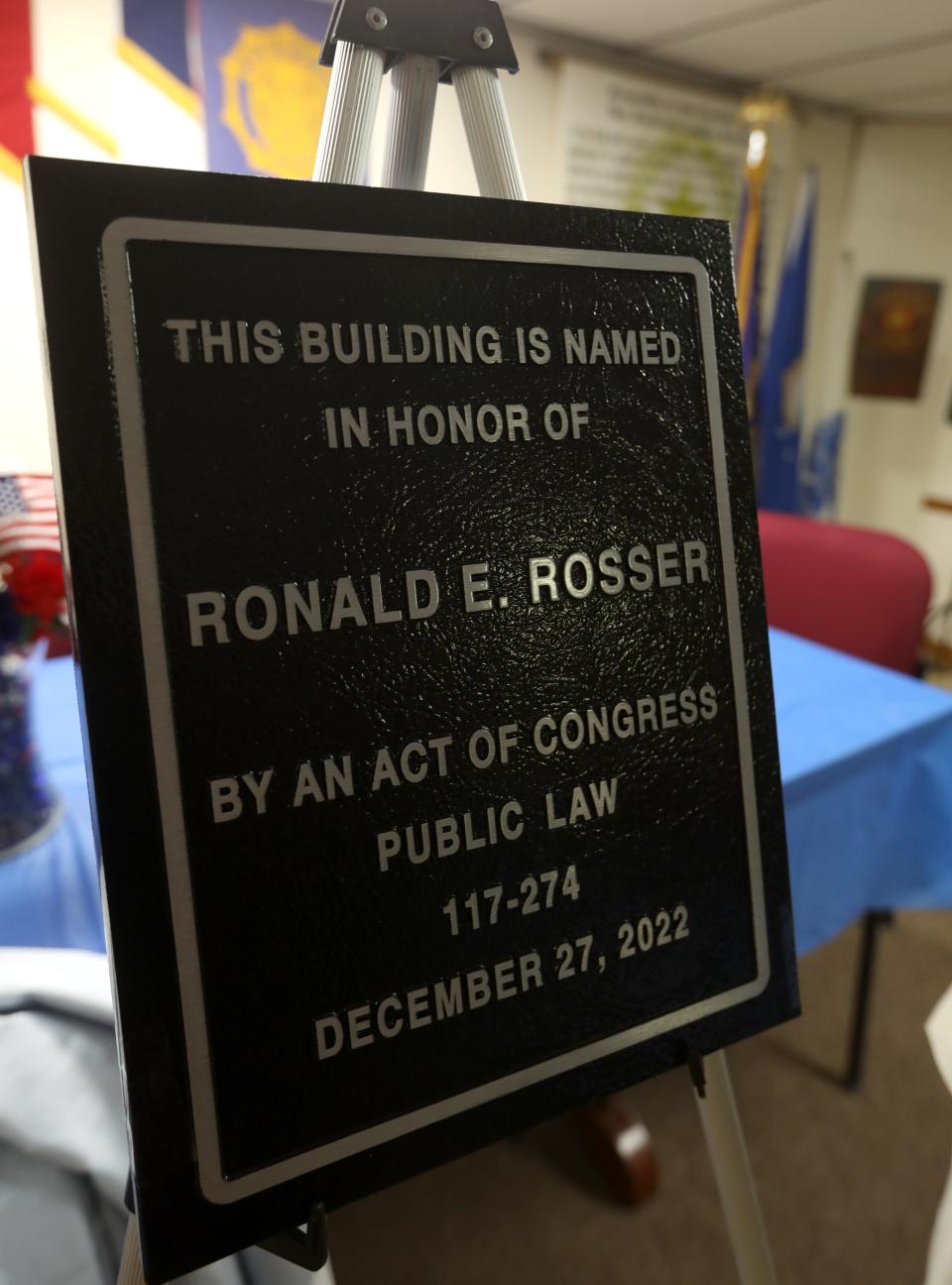 The plaque that will be affixed to the Roseville Post Office naming the building for Ronald Rosser.