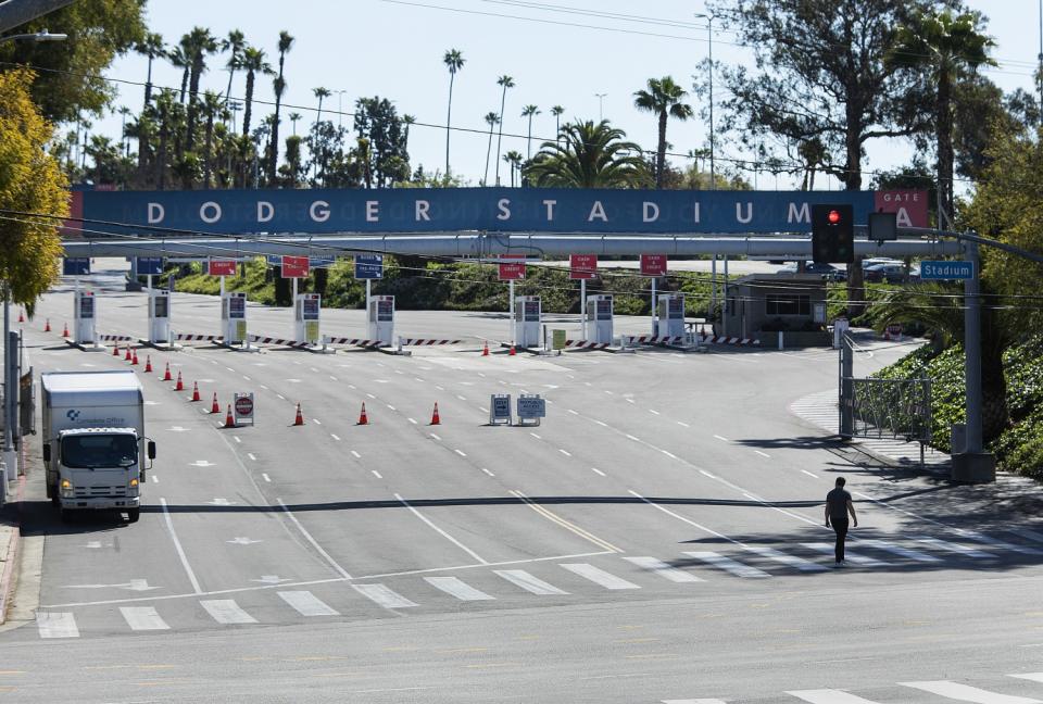 The public entrance to Dodger Stadium is closed on what would have been Opening day if not for the coronavirus outbreak.