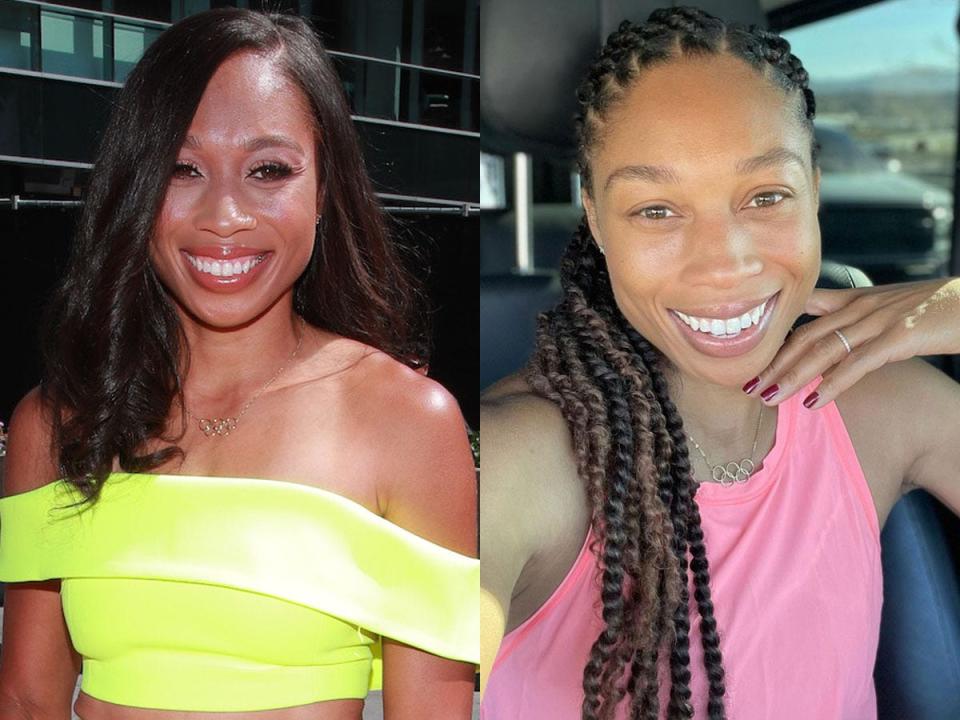 Allyson Felix on a red carpet (left) and Allyson in an Instagram selfie.