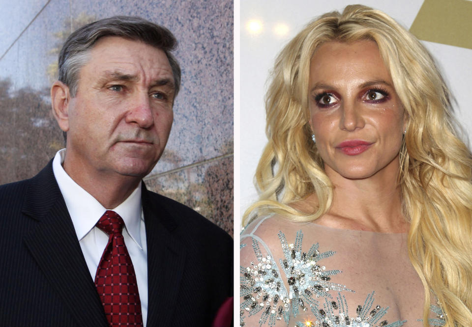 This combination photo shows Jamie Spears, left, father of Britney Spears, as he leaves the Stanley Mosk Courthouse on Oct. 24, 2012, in Los Angeles and Britney Spears at the Clive Davis and The Recording Academy Pre-Grammy Gala on Feb. 11, 2017, in Beverly Hills, Calif.. Britney Spears is asking a court to curb her father's control over her life and career. In documents filed Tuesday, Aug. 18, 2020, Spears asked that her father not return to the role of conservator of her person, which gave him power over her life decisions from 2008 until 2019, when he temporarily stepped aside.  (AP Photo)