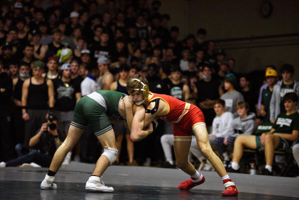 Bergen Catholic at Delbarton in the Non-Public A wrestling championship on Friday, February 11, 2022. Noah Kochman (Bergen Catholic) on his way to defeating Chase Napeloni (Delbarton) in their 120 pound match. 