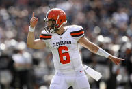 <p>Baker Mayfield #6 of the Cleveland Browns reacts after the Browns scored a two-point conversion against the Oakland Raiders at Oakland-Alameda County Coliseum on September 30, 2018 in Oakland, California. (Photo by Ezra Shaw/Getty Images) </p>