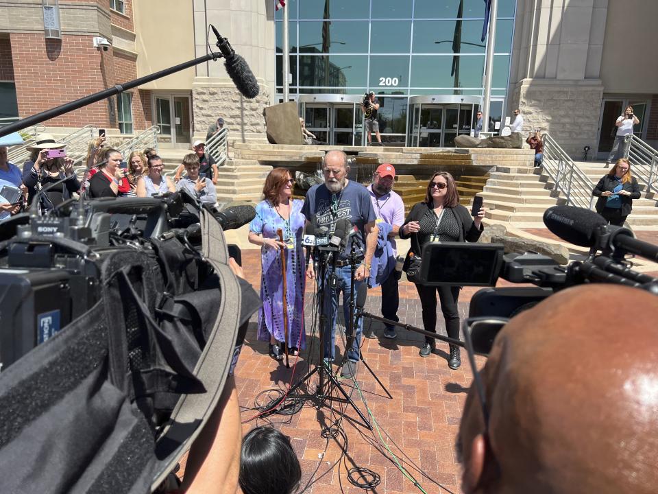 Larry and Kay Woodcock, the grandparents of slain 7-year-old Joshua “JJ” Vallow, speak outside court after JJ’s mother, Lori Vallow Daybell, was convicted of murder in the deaths of her two youngest children and conspiracy to commit murder in the death of a romantic rival, on Friday, May 12, 2023, in Boise, Idaho. Daybell was convicted of those and other charges after a weekslong trial that focused on her involvement in a bizarre, doomsday-like plot. | Rebecca Boone, Associated Press